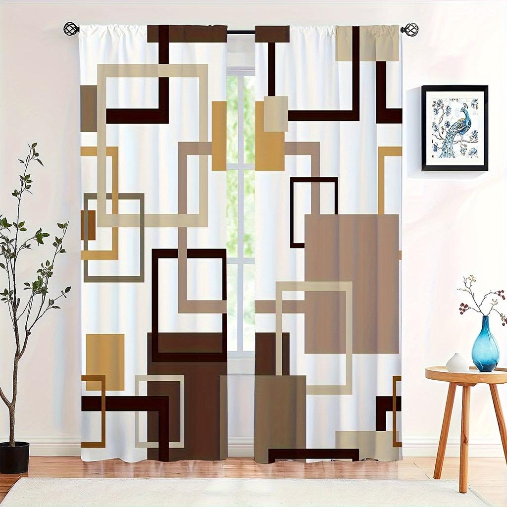 2pcs Polyester Geometric Abstract Square Line Print Curtains   Rod Pocket Window Treatment for Bedroom   Office   Kitchen   Living