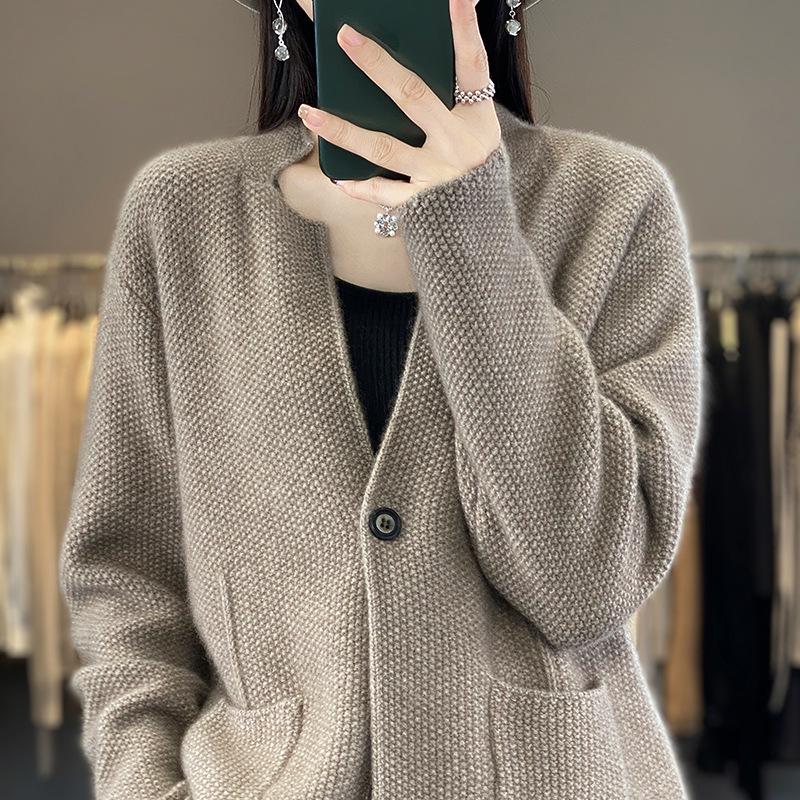 24 AW New Color Women's 100% Wool Mid-Length Knit Cardigan with Pockets