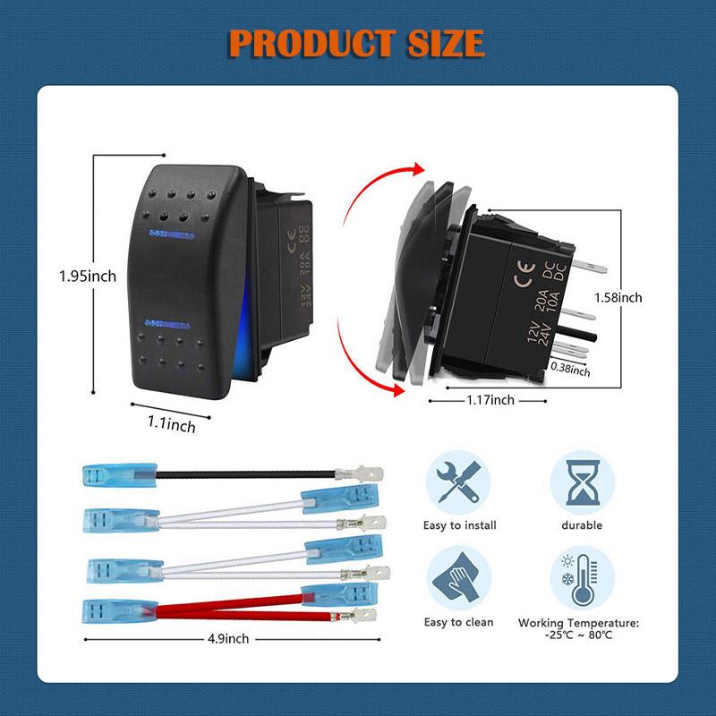 12V/20A 24V/10A Vodotěsný kolébkový přepínač pro lodě, 7pinový SPST, přepínač ON-OFF-ON, dvojité LED světlo pro auto, nákladní automobil, obytný vůz, lodní a nákladní automobil