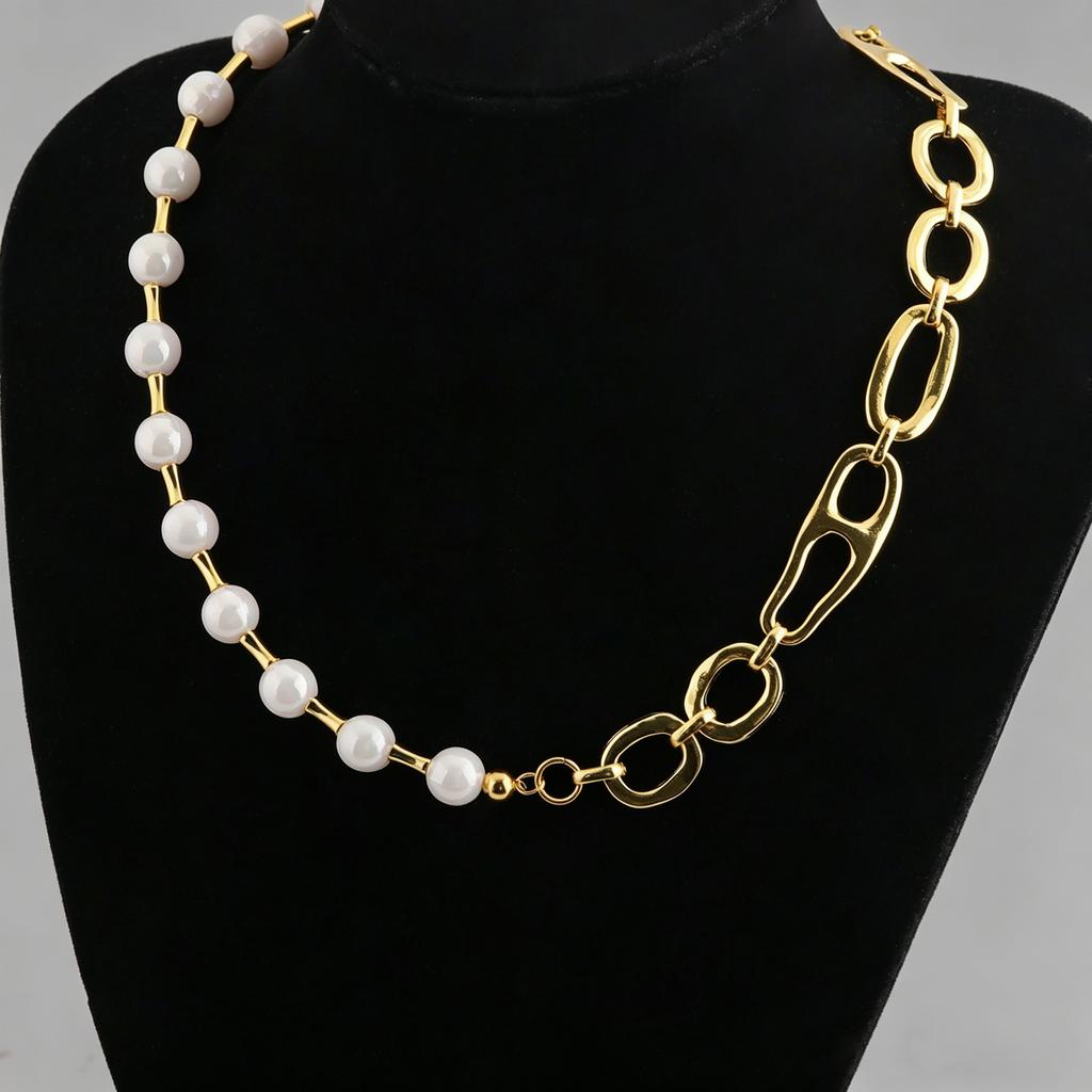 Fashion Asymmetric Pearl Gold Necklace Geometric Link Chain with OT Clasp Ins Aesthetic Streetwear Party Jewelry for Women