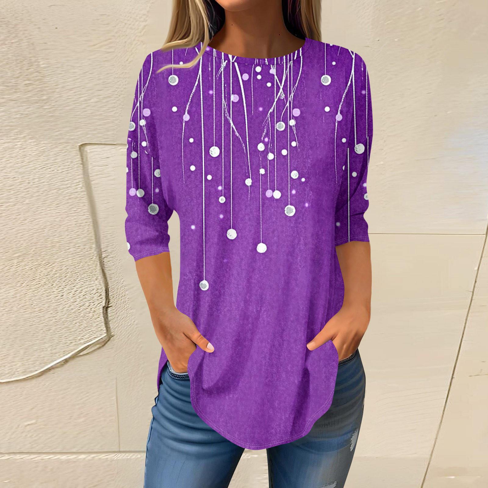

Women s Fashion Casual Round Neck Retro Printed Seven Sleeve Pullover T-Shirt Top XL фіолетовий