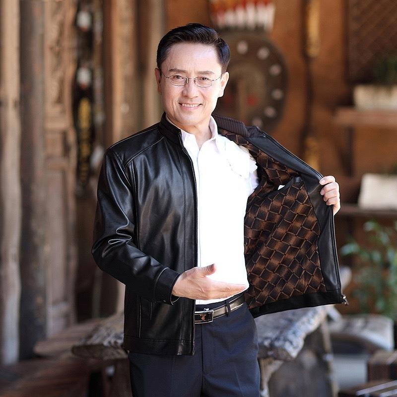 Herrenjacke aus goldfarbenem Samtleder, mittelaltes Leder mit Stehkragen, plus Samtjacke, Papa Winteroberteil