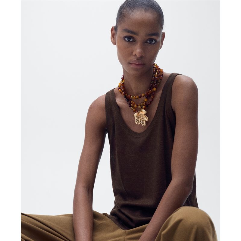 Linen French style UK Spaghetti Strap Cotton Top Cami Sexy White U Collar Thread Export Brown