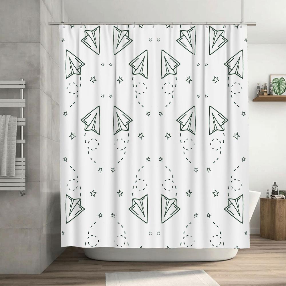 Paper Airplane Shower Curtain with Stars Black White Bathroom Decor for Kids, Teens + Adults Modern Design Waterproof Fabric Siz