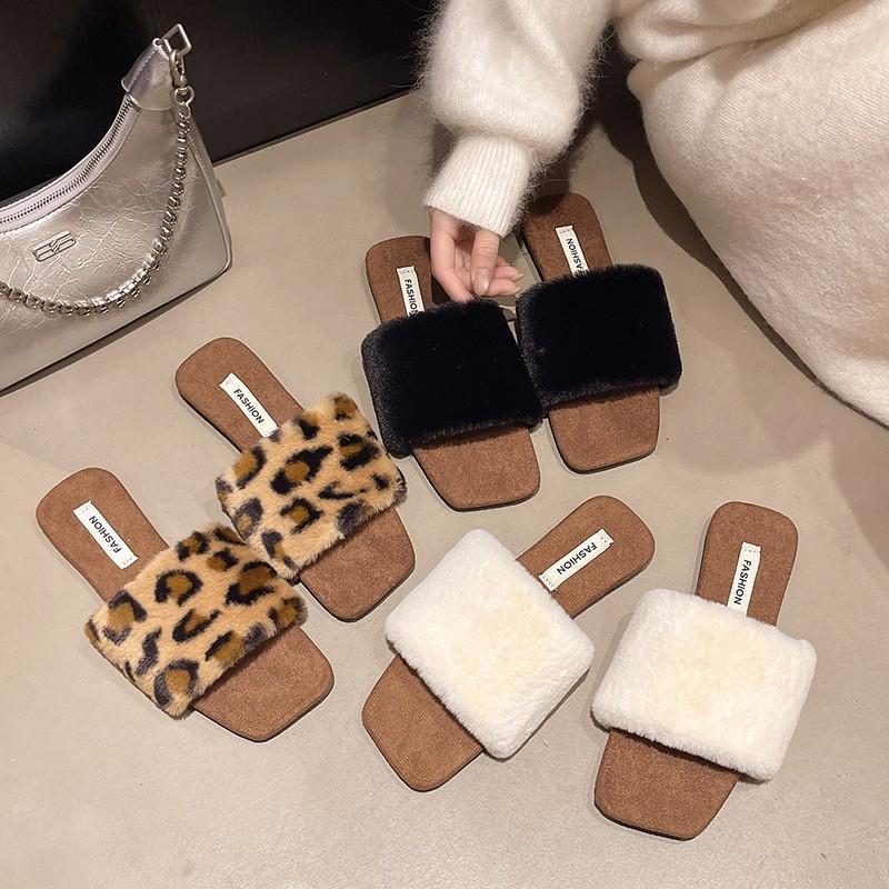 Wear fluffy slippers one-character plush lazy shoes spring and autumn casual square head low heel large size fluffy slippers