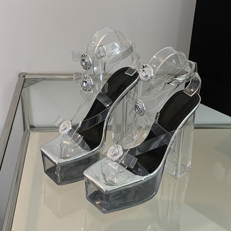 

Liyke Новая Мода Пряжка Бант Прозрачные Сандалии Женские Прозрачная Платформа Обувь Сексуальный Квадратный Носок Танцы на Шесте Массивные Высокие Каблуки 35