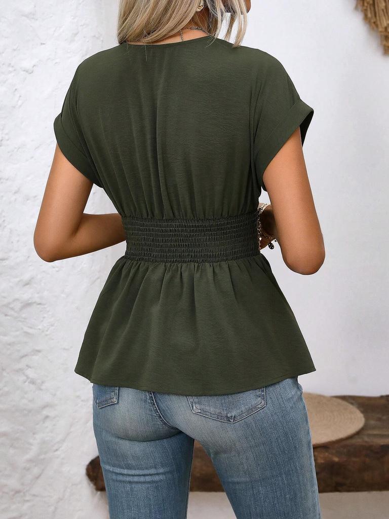 V-Neck Waist-Cinching Pleated Hem Raglan Sleeve T-Shirt for Women - Spring & Summer Collection