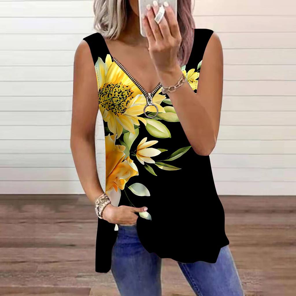 Top da Donna Estivo con Stampa di Foglie di Palma Casual Taglie Forti Senza Maniche Zip Scollo a V Canottiera