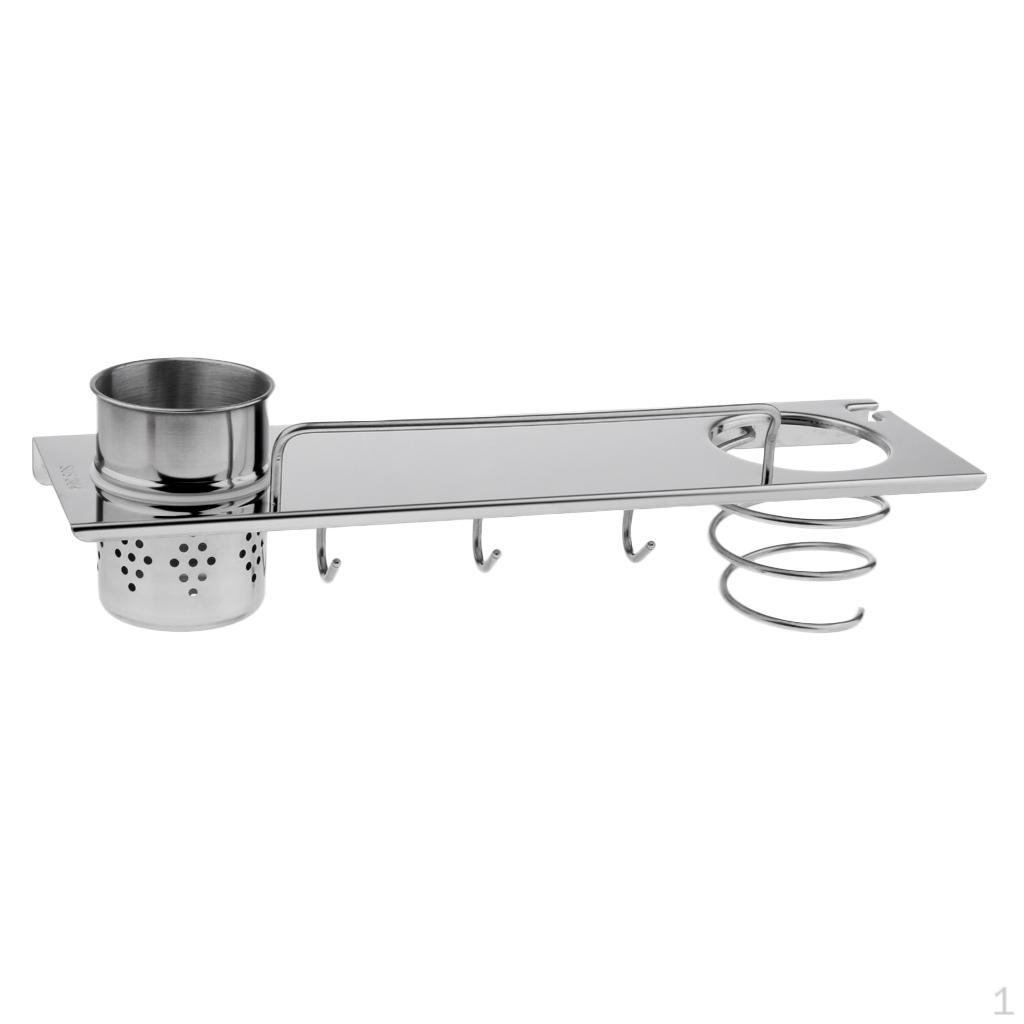 

Stainless Mount Hair Dryer Holder with Cups Hooks, Bathroom Care Tools Organizer Collection, 43x14cm