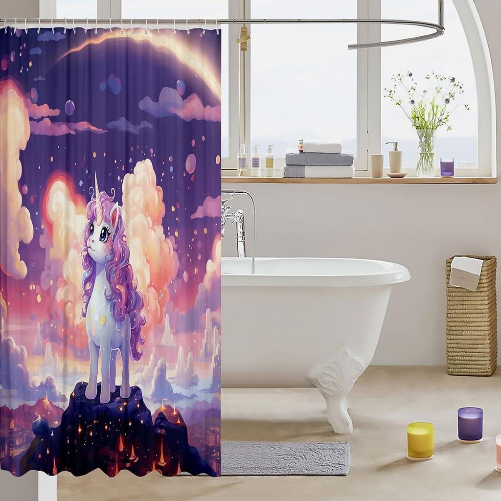 Sött Enhörning Duschdraperi Set Flickor Barn Pojkar Lila Enhörning Badrumsgardiner Kawaii Rumsinredning, Regnbåge Vattentätt Badrum