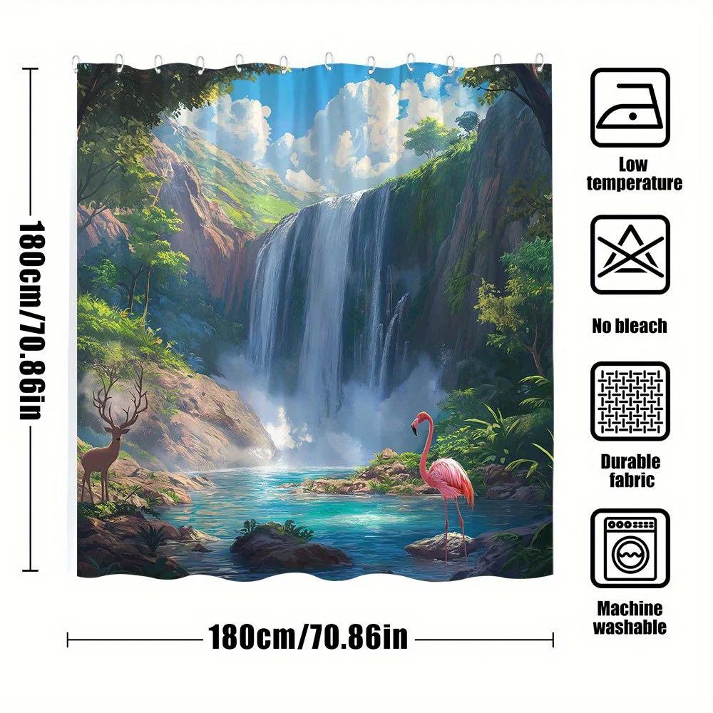 1Pc Fantasy Waterfall Shower Curtain - Vibrant Tropical Landscape With Pink Flamingo & Majestic Deer, Machine Washable Polyester