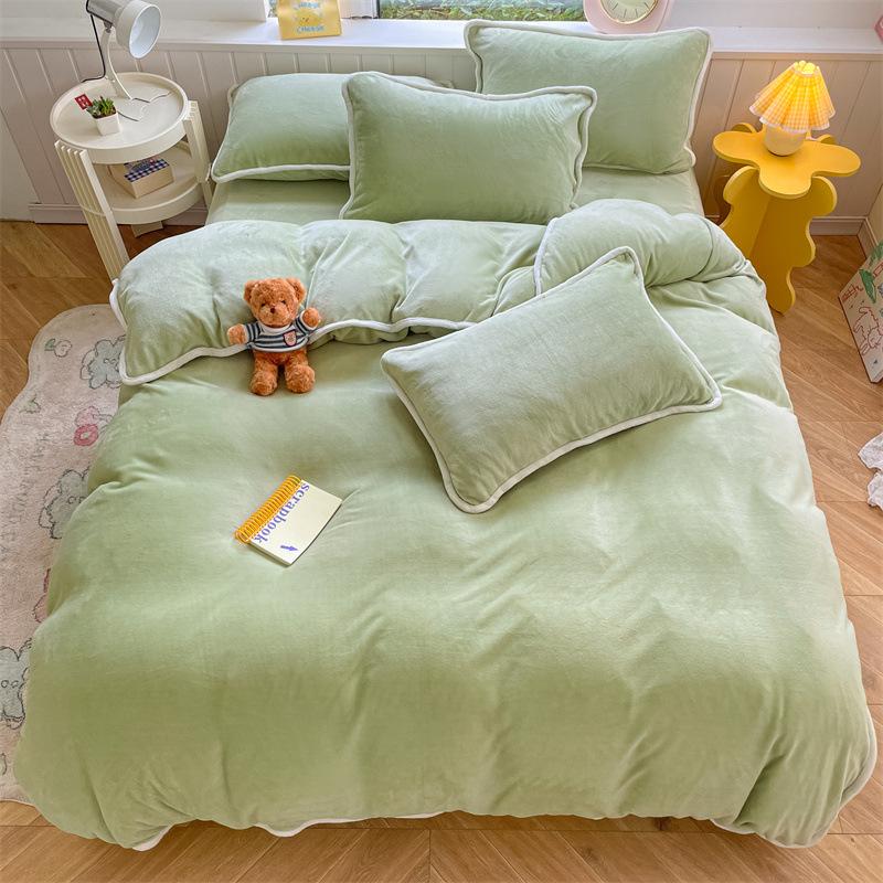 Crem dublu culoare solidă, catifea de lapte, cu tivită mare, cearșaf de pat din patru piese, husă de pilota set de trei piese lenjerie de pat husă de pilota