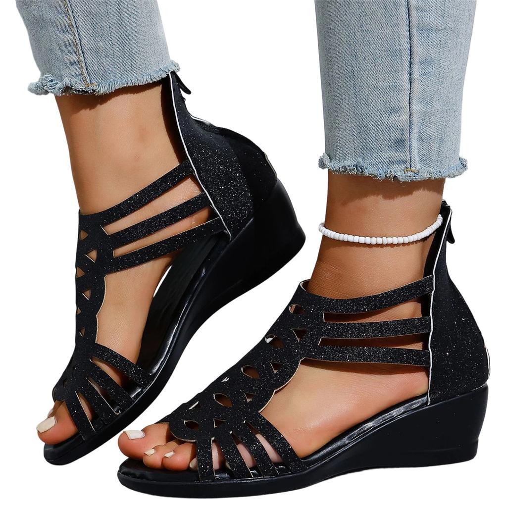 Women's Plus Size Wedge Sandals Open Toe Back Zipper Closure Cutout Design Slip On Casual Footwear for Summer