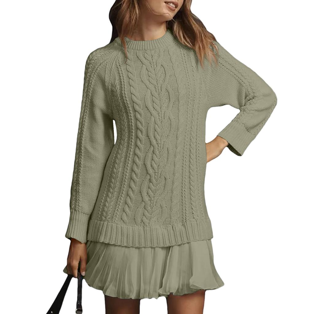 Women's Solid Round Neck Dough Twists Knitting Chiffon Splicing Sweet Temperament Dress