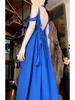 Elegant Blue Spaghetti Strap Halter Neck Maxi Dress for Women - 2026 Summer Resort Collection, Sanya