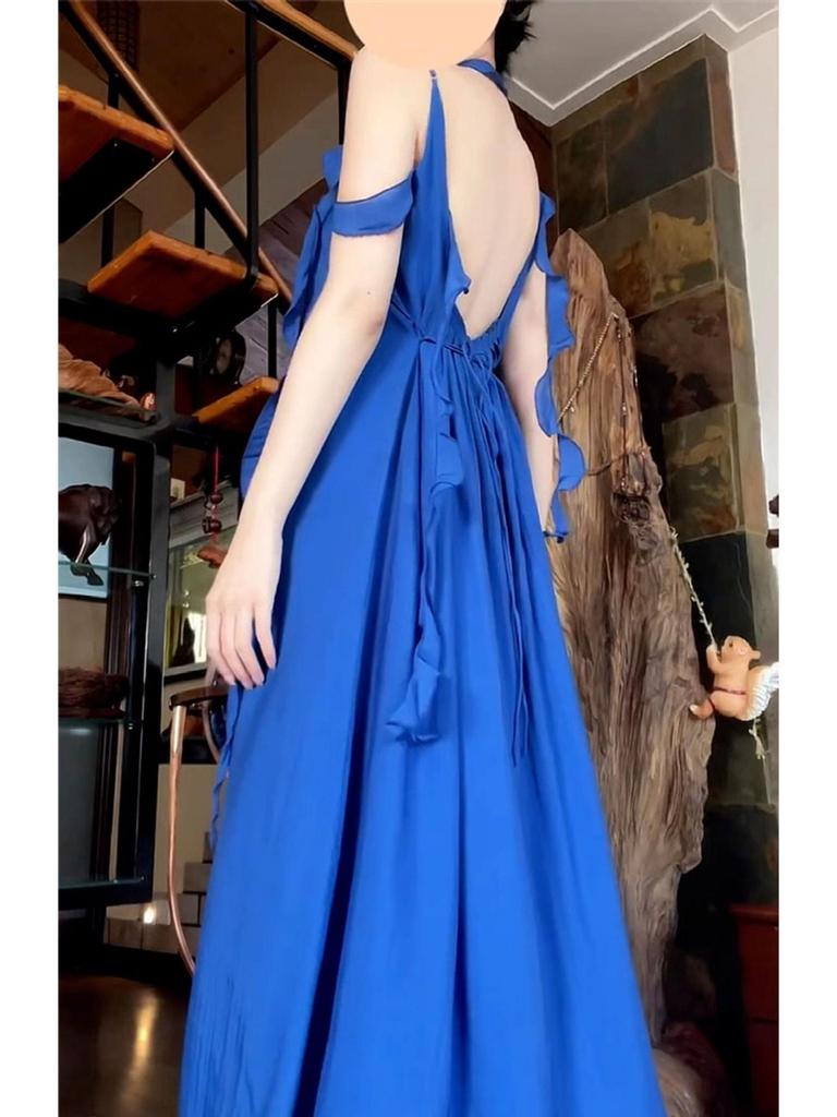 Elegant Blue Spaghetti Strap Halter Neck Maxi Dress for Women - 2026 Summer Resort Collection, Sanya