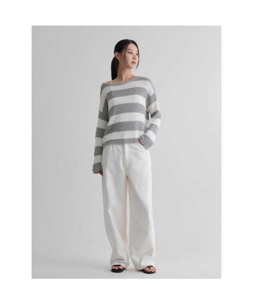 8SECONDS Loose Fit Striped Boat Neck Pullover Light Gray