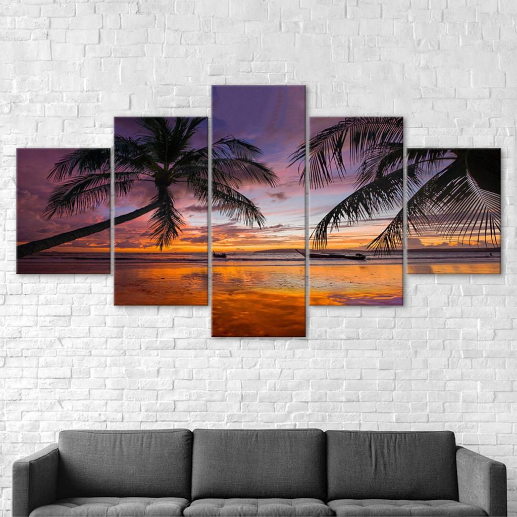 Beach Palm Trees Sunset Canvas 5 Piece Five Panel Wall Print Modern Art Poster Picture Home Decor Gift For Him For Her