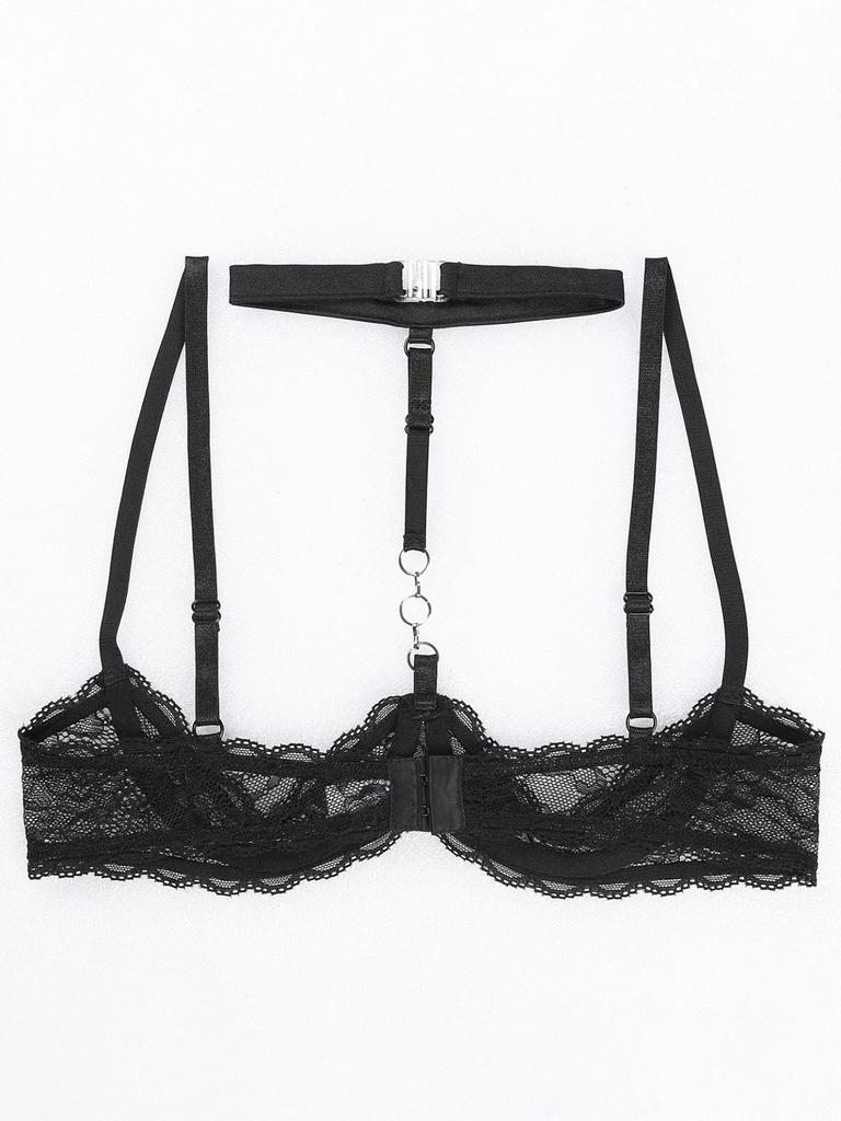 Plus Size Bras Women's Floral Lace 1/4 Cups Push Up Underwire Bra Tops Balconette Bralette Everyday Bra