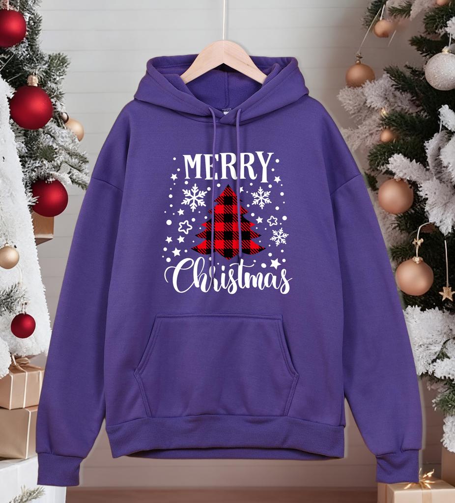 Merry Christmas Red Grid Tree Printing Hoodies Mens All-Match Casual Hoody Pocket Fleece Streetwear Comfortable Male Pullover