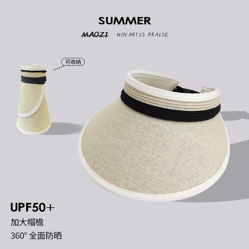 Wide-brimmed open-top straw hat for women, summer travel UV protection sun hat, beach straw woven black-coated sunscreen hat