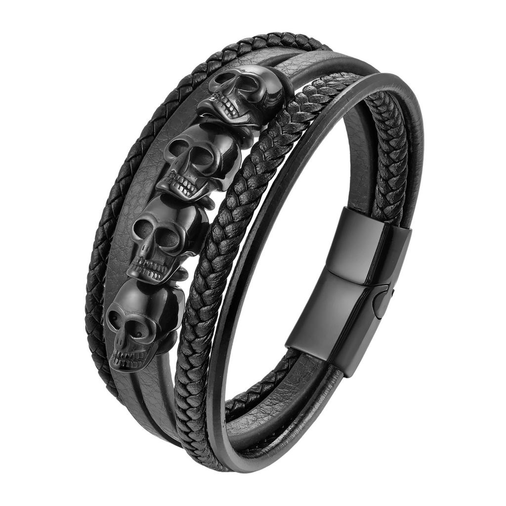 Men's Black Braided Leather Bracelet with Stainless Steel Skull Design Cool Wristband