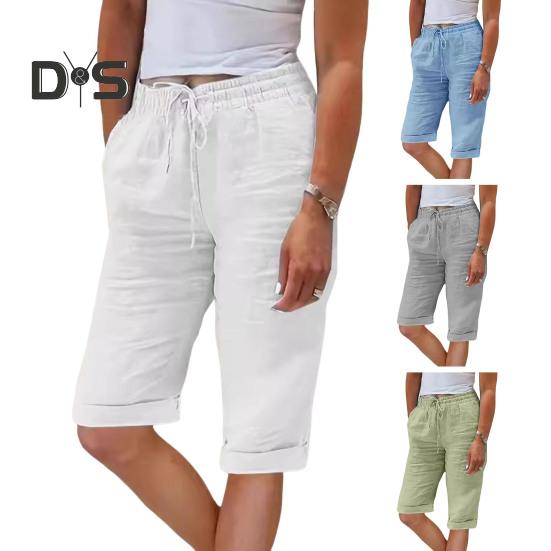 Women Summer Shorts Elastic Waistband Adjustable Drawstring Casual Pants with Pockets Solid Color Loose Fit Knee-length Pants