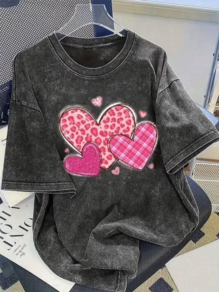 Pattern Patchwork Love Heart Graphic TShirt Unisex Vintage Washed Crew Neck Loose Casual Short Sleeve Daily Street Style Top