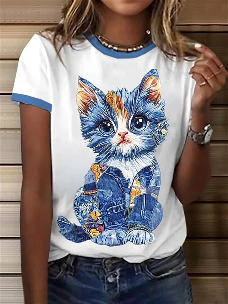 

Cartoon Graphic Women Round Neck 3D Print Animal Cat Pattern Summer Outdoor Casual Short Sleeve Fashion 3XL