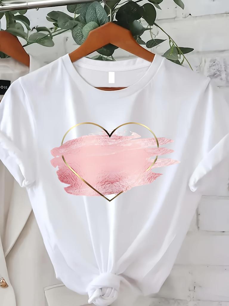 Hign QualityGeometric Heart Print T-Shirt- Spring/Summer Collection- Women'S Casual Top- Polyester Material- Regular Length
