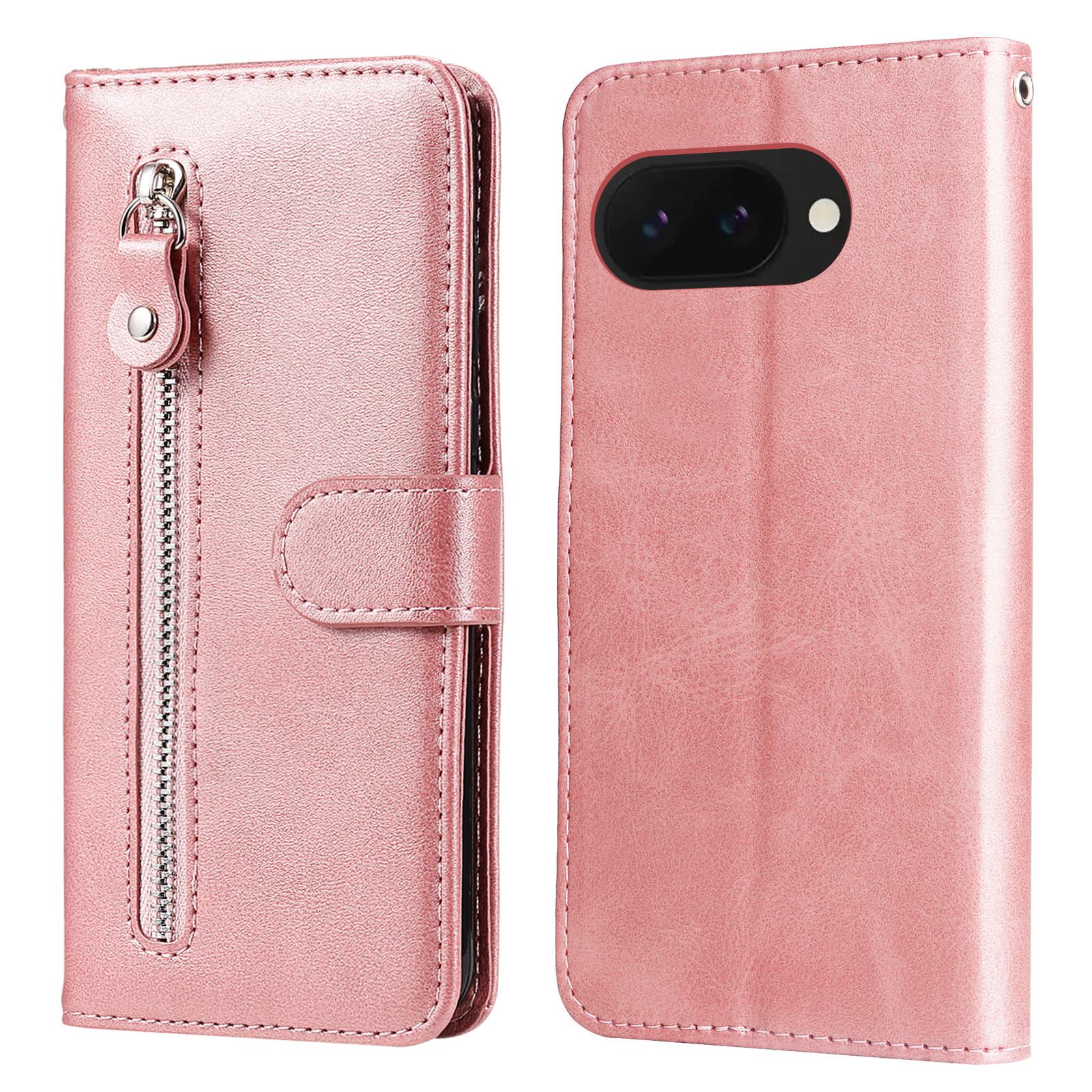 

For Google Pixel 9a Case Zipper Wallet Calf Texture PU Leather Phone Cover Pink