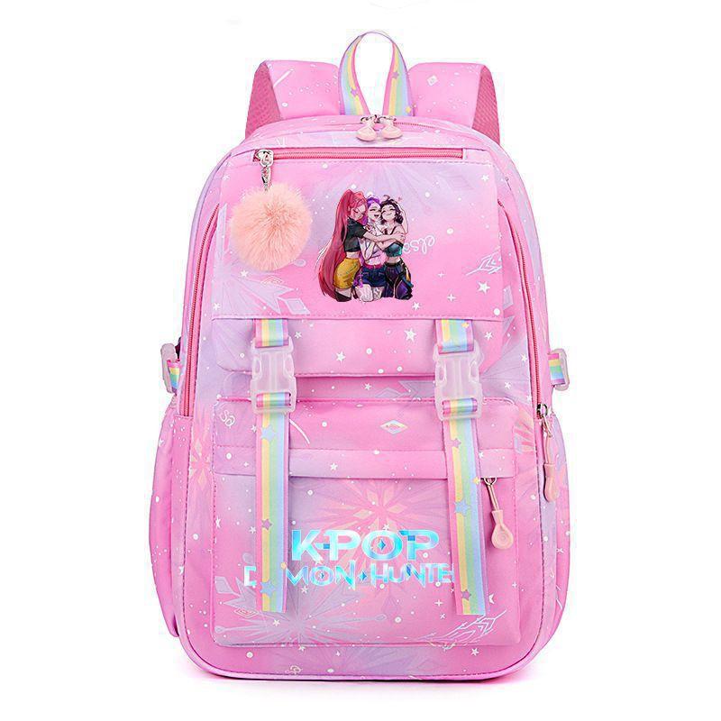Korean Style School Backpack Teenagers Large Capacity Nylon Bookbag With Padded Straps Cartoon Print Unisex Student Bag
