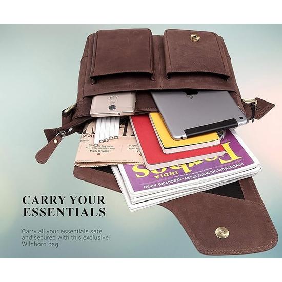 WildHornLeather 11 inch Laptop Messenger Bag for Men I Dedicated Laptop Compartment I Adjustable Strap I DIMENSION:L- 11 inch H-9.5 inch W- 3 inch