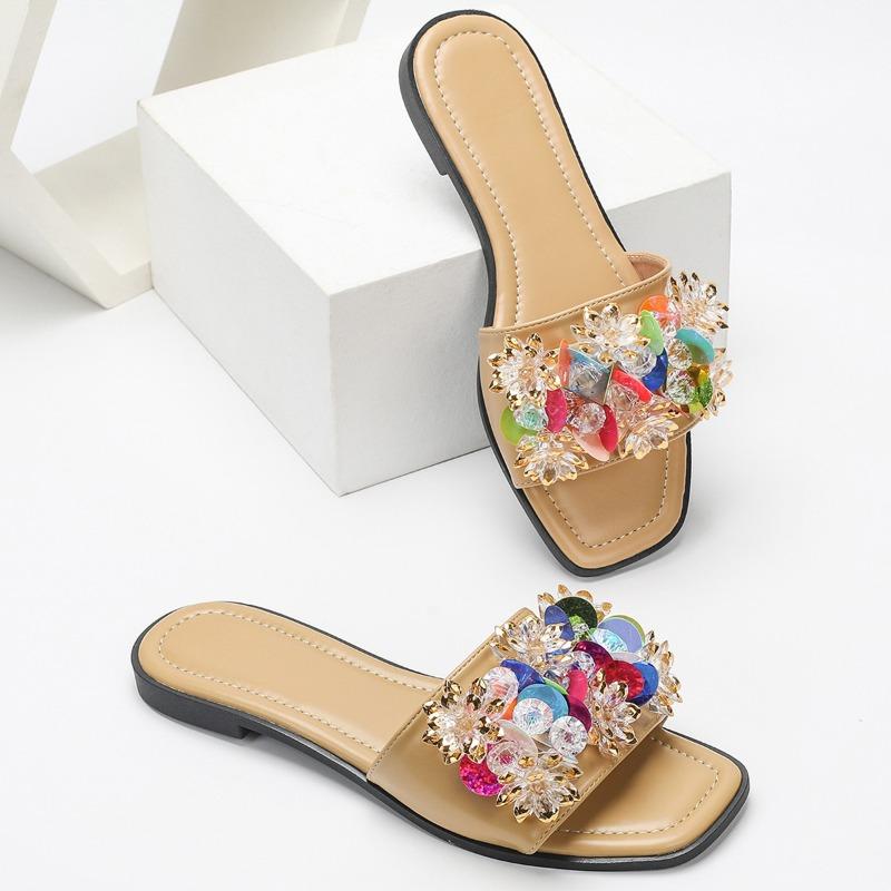 Fashion Colorful Rhinestone Flower Decoration Flat Slippers Women Lightweight Comfortable Slide Sandals Summer Beach Sandals for Women