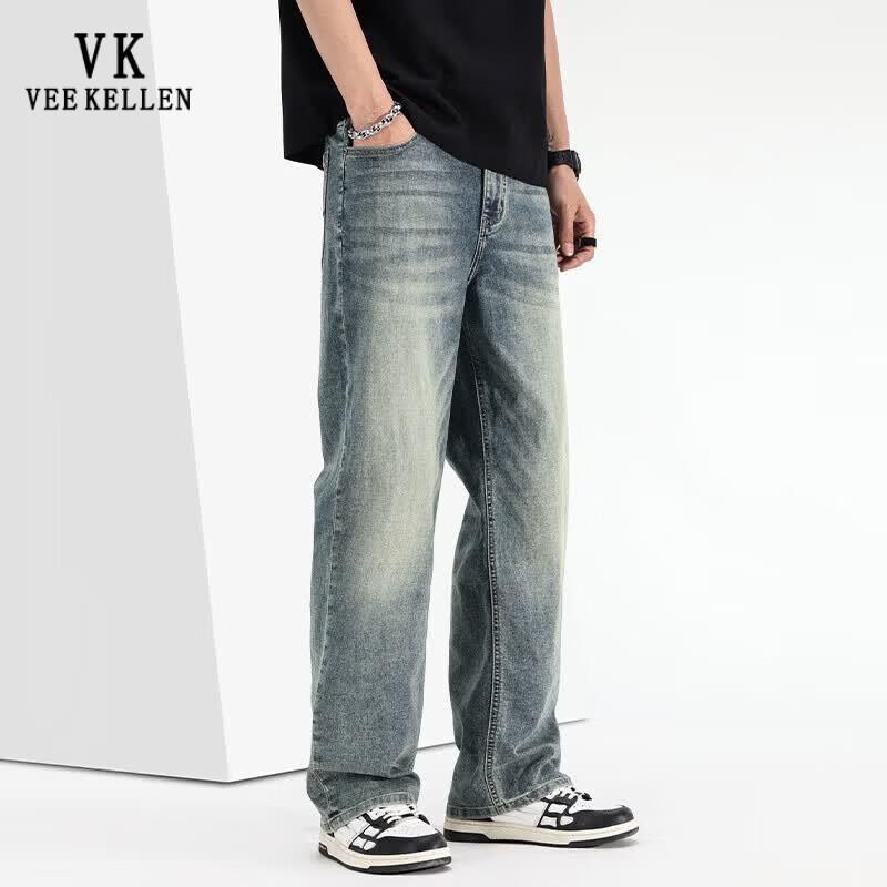 VEE KELLEN Men's Lightweight Summer Loose Straight-Leg Retro Denim Jeans