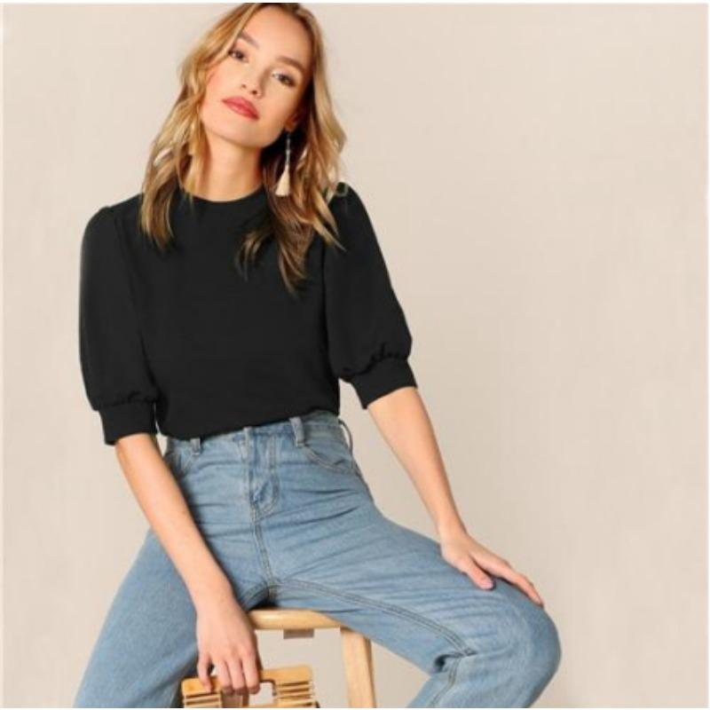 Women Puff Sleeve Blouse Round Neck Casual Loose Solid Top S чёрный