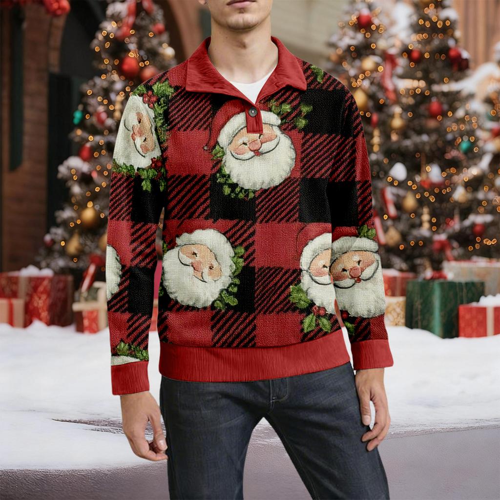 Ανδρικό Χριστουγεννιάτικο Βαμβακερό Πουλόβερ Μακρυμάνικο Εξωτερικού Χώρου Πουκάμισο Vintage Κορδούρα Κουμπωτό Όρθιος Γιακάς Πουκάμισο Casual Φούτερ Χριστουγεννιάτικο Πριτ Τοπ