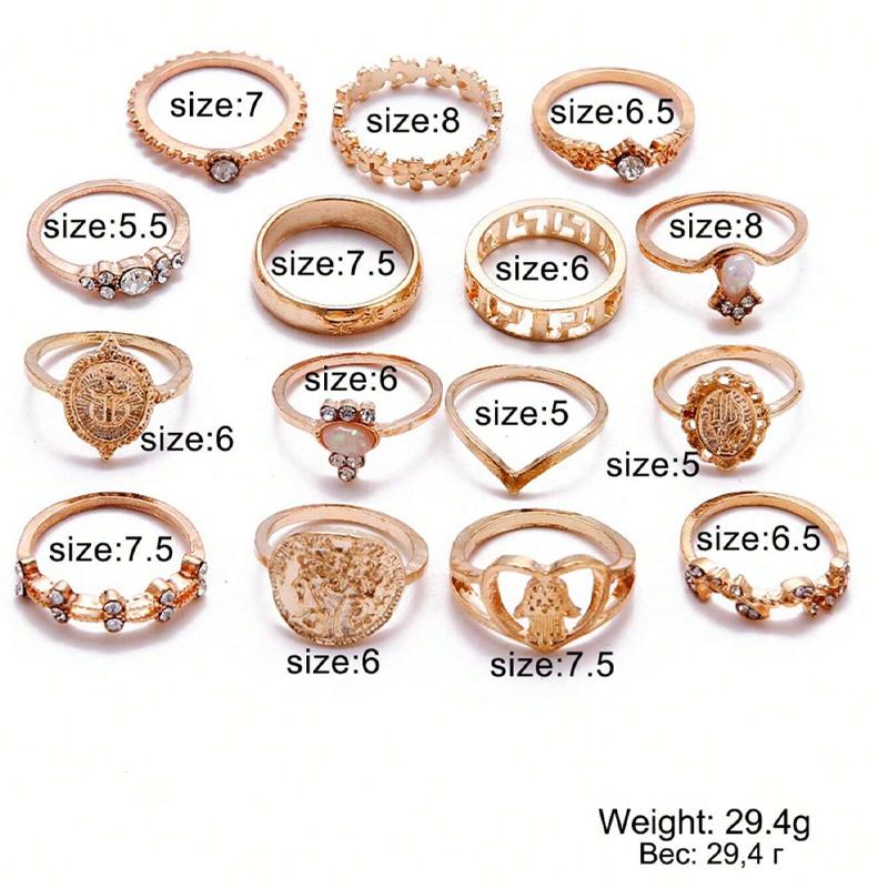 15Pcs Vintage Rings Set For Women Fashion Cross Floral Palm Pattern Crystal Geometric Rings Trendy Finger Jewelry Gifts New