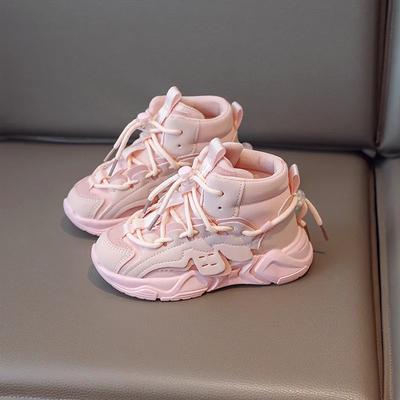 Kids High Top Sneakers Girls Boys Lace Up Shoes  Autumn Children's Pu Leather Casual Sport Walk Running Trainers Pink 26-36