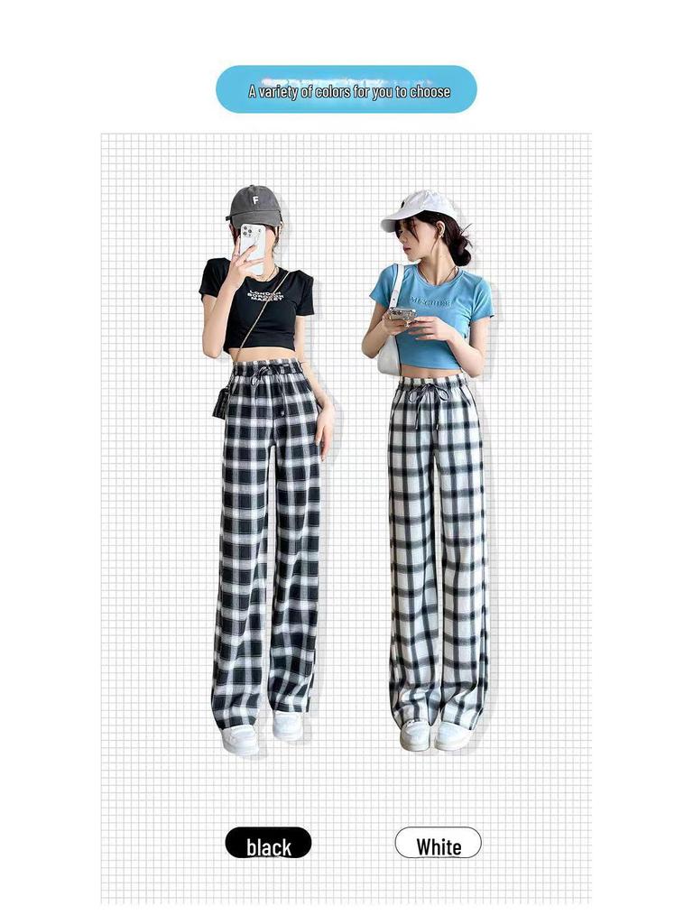 Women's High-Waist Plaid Wide-Leg Drape Pants - Black/White
