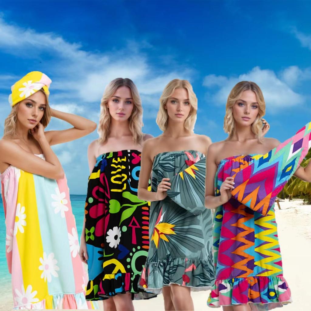 Conjunto de Falda de Baño Estampada de Microfibra y Gorro para Secar el Cabello Toalla de Playa y Natación Absorbente de Agua Secado Rápido Toalla de Baño Grande