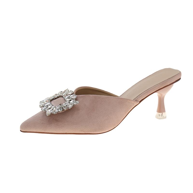 Fashion Shoes Female 2025 Summer New Women’s Closed Toe Slippers Fashion Crystal Square Button Slippers Thin Heels for Daily & Dress