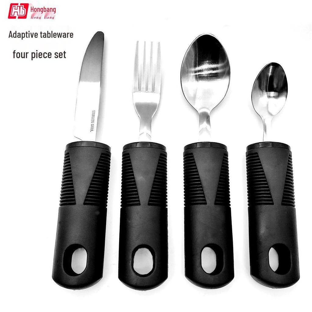 Adaptive Stainless Steel Anti-Tremor Tableware Set: Ergonomic Knife, Fork, Spoon with Rubber and Plastic Handles for Elderly Assistance