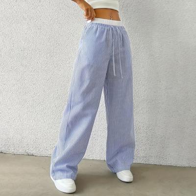 Damenhose mit weitem Bein, Freizeithose, elastischer Bund, verstellbarer Kordelzug, gestreiftes Design, lange Hose für den Alltag