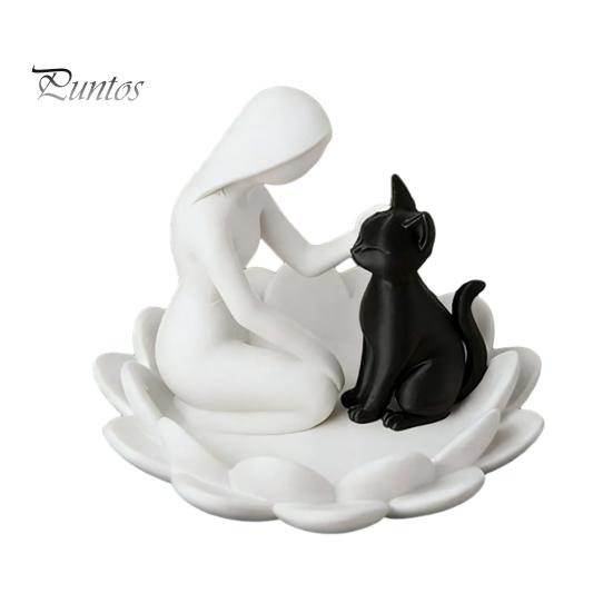 Exquisite Workmanship Decor Human-Cat Interaction Shape Ornament, with Stable Non-Slip Lotus Base, Durable Home Decoration Black And White Contrast