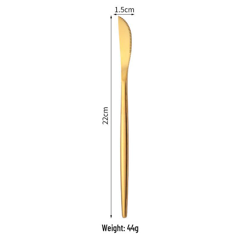 Gold Portuguese Stainless Steel Cutlery Set: Knife, Fork, and Spoon - 4-Piece Western Tableware.