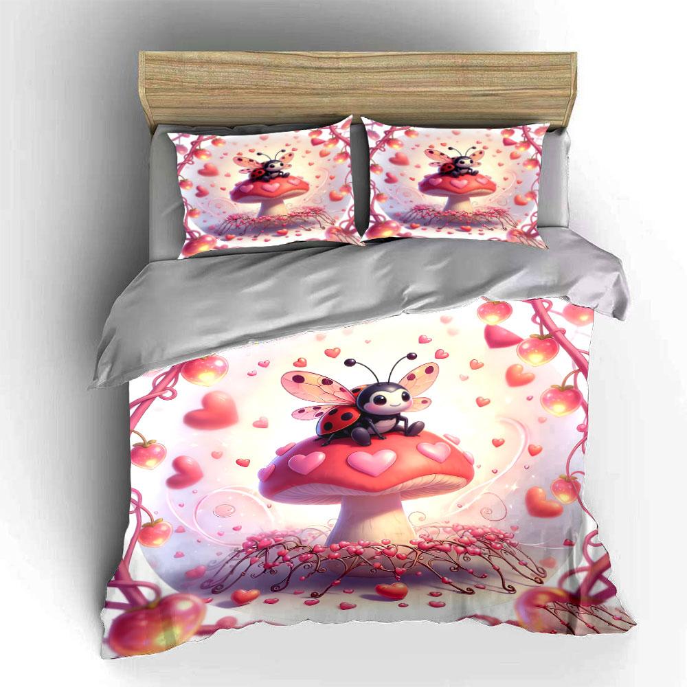 Ladybug Mushroom Romantic Decor Set Soft Comfortable Duvet Cover Bedding Set Included 1*Duvet Cover & 2*Pillowcases, Gift
