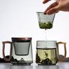 Tea Separation Filtration Glass Tea Cup Wood Handle Coaster Tea Water Separation Container With Infuser Filter Tea Making Cup