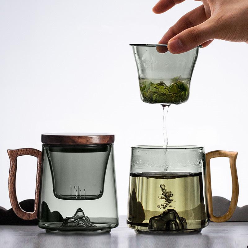 Tea Separation Filtration Glass Tea Cup Wood Handle Coaster Tea Water Separation Container With Infuser Filter Tea Making Cup