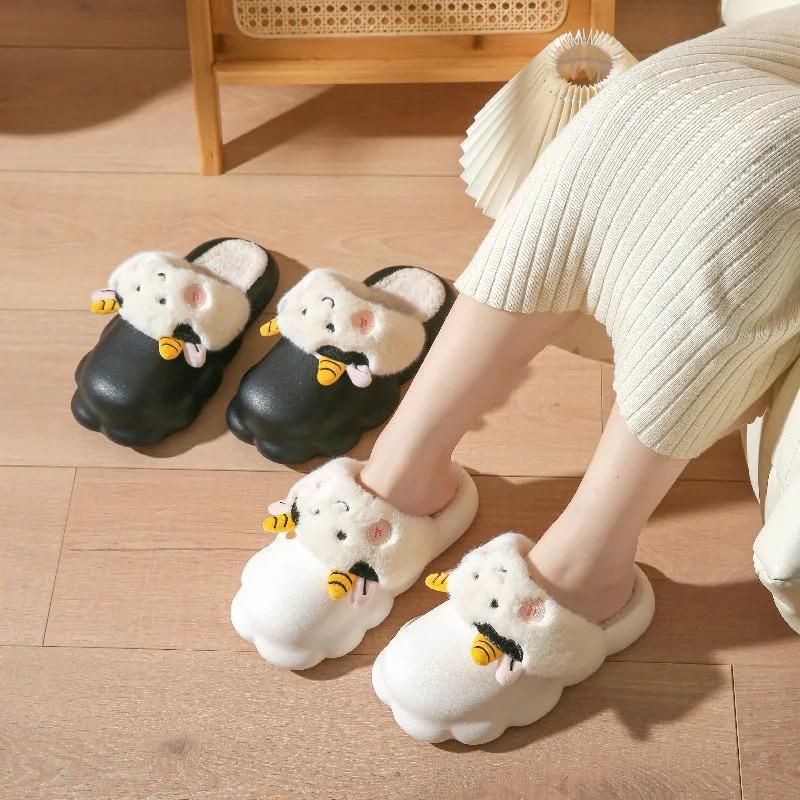 Fashion Casual Fluffy Slippers Women Home Flats Sheep Cartoon Cute Designer Shoes Girls Fashion Winter Platform Slippers House Big Size